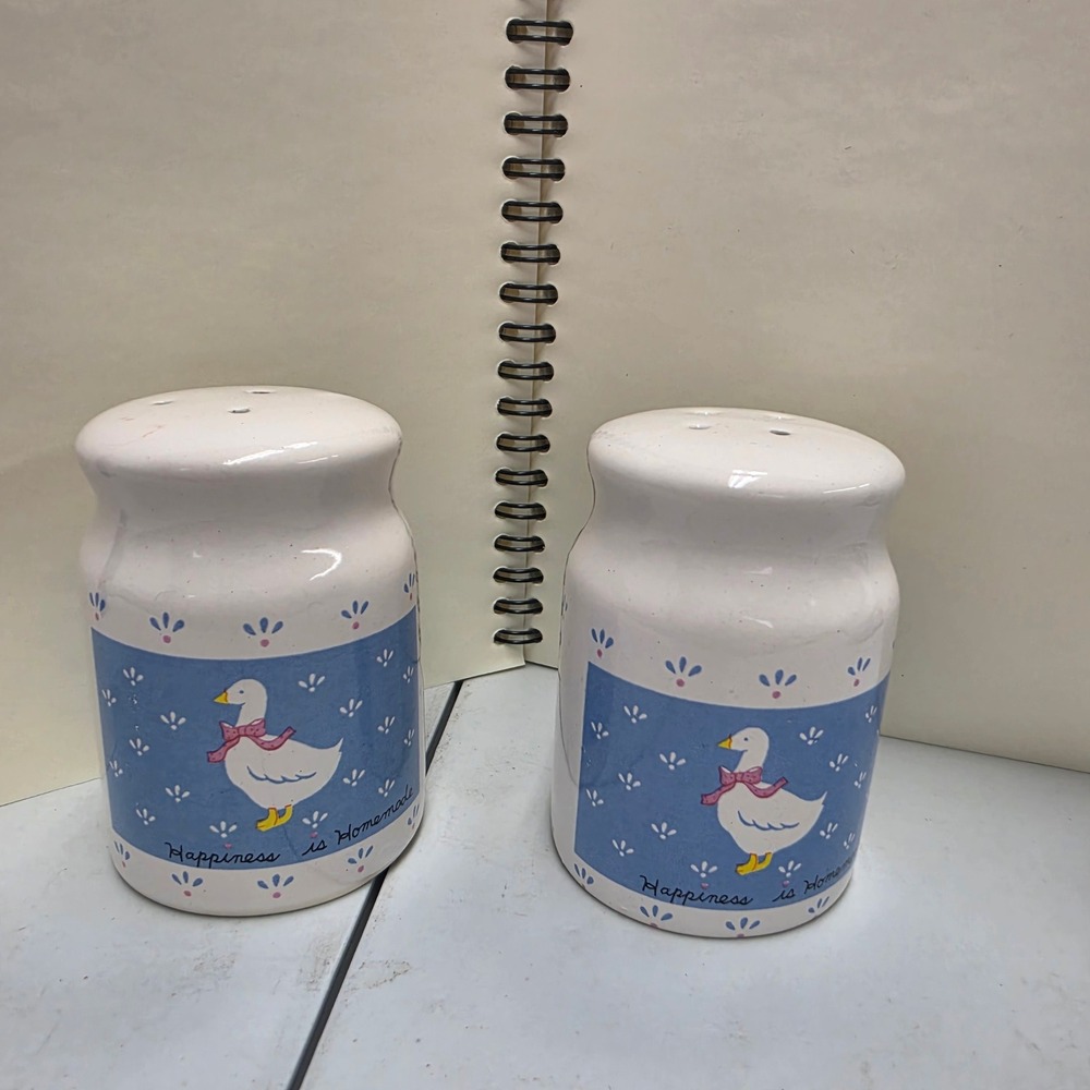 Vintage 1987 W.A. Happiness is Homemade Goose Salt and Pepper Shakers Set Blue